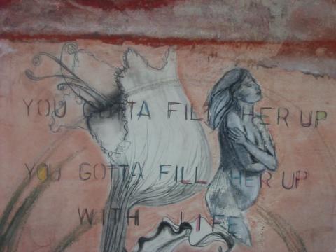 Fill her up, 2001,   Japanese paper, charcoal, pastel, pencil on paper mounted on panel 11”x12”, Art by Caroline Z. Marcos