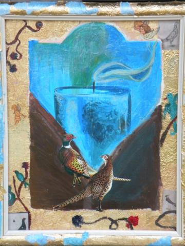 Candle in the Wind, 2008, 8x11 Mixed media collage and acrylic paint on metal panel framed, Art by Caroline Z. Marcos