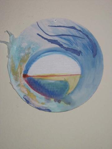 Baby Steps, 2005, Mandala, circular image on round cardboard, mixed media, watercolor, Pastel and Tissue Paper, 10"x10", Art by Caroline Z. Marcos