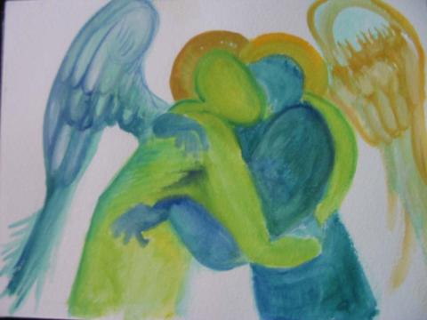 Emotional Hug, 2005, Gouache on Paper, 6"x 9", Art by Caroline Z. Marcos