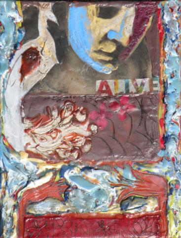 Alive, 2009,  Encaustic Paint and collage on canvas board, 6"x9" SOLD, Art by Caroline Z. Marcos