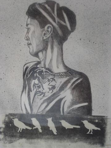 Memory III, 2001, Black and White Lithograph with “Chinochole”, 18”x 24”, Art by Caroline Z. Marcos