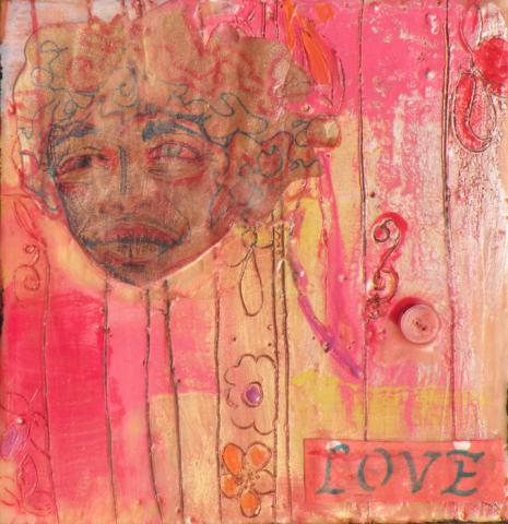 Love, 2009, Encaustic Paint and Collage on wood, (part of Dyptich), 6"x6", Art by Caroline Z. Marcos