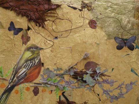 Untitled, 24"x36", Mixed Media; Gold leaf, Bark, Paper, String, leaf, Derwent Inktense pencils on Panel. 2008, SOLD, Art by Caroline Z. Marcos