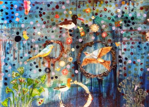 Boundaries, 2009, Mixed Media: Collage, acrylic, shells, beads, 30"x40", Art by Caroline Z. Marcos