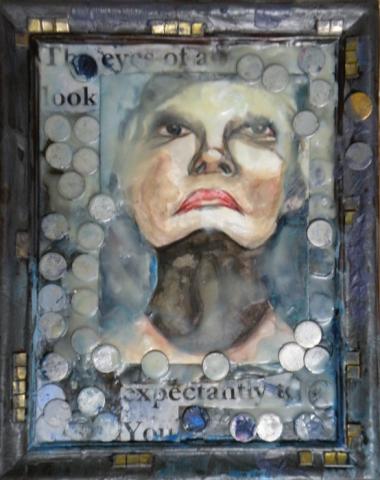 The eyes of all look expectantly to You. 12"x18", Mixed Media: Encaustic, Metal, Paper, Watercolor on Panel. Art by Caroline Z. Marcos