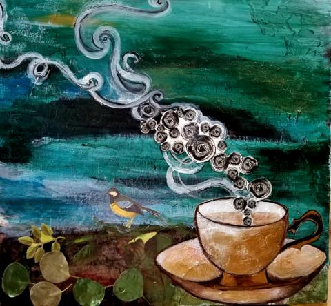 Cloudwalker, mixed media: acrylic collage, leaves, paper on wood panel, "18x18" $250