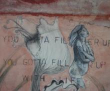 Fill her up, 2001,   Japanese paper, charcoal, pastel, pencil on paper mounted on panel 11”x12”, Art by Caroline Z. Marcos