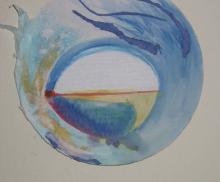 Baby Steps, 2005, Mandala, circular image on round cardboard, mixed media, watercolor, Pastel and Tissue Paper, 10"x10", Art by Caroline Z. Marcos