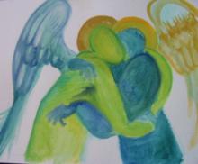 Emotional Hug, 2005, Gouache on Paper, 6"x 9", Art by Caroline Z. Marcos