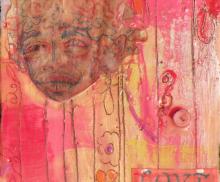 Love, 2009, Encaustic Paint and Collage on wood, (part of Dyptich), 6"x6", Art by Caroline Z. Marcos