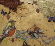 Untitled, 24"x36", Mixed Media; Gold leaf, Bark, Paper, String, leaf, Derwent Inktense pencils on Panel. 2008, SOLD, Art by Caroline Z. Marcos