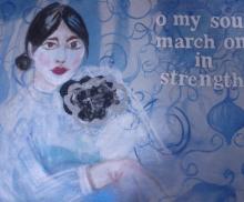 Strength.  16"x20"; mixed media: acrylic paint, paper collage,oil pastel on canvas. Art by Caroline Z. Marcos
