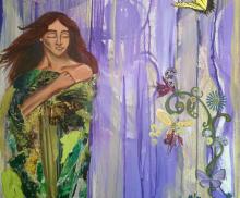 Majestic, 18" x18" Mixed media acrylic paint, dried flowers, moss, sand, feathers, paper, Pitt pen on canvas, Spring 2014, Art by Caroline Z. Marcos