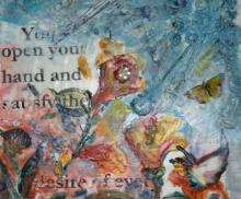 Psalm 145: 16, 2010, Encaustic Collage on Panel, 12"x12" SOLD