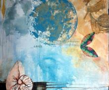 Seek, 20"x20" Mixed Media; Acrylic, Paper, Guoache and Watercolor on Canvas, Art by Caroline Z. Marcos