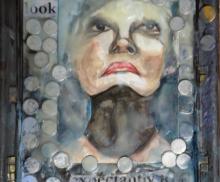 The eyes of all look expectantly to You. 12"x18", Mixed Media: Encaustic, Metal, Paper, Watercolor on Panel. Art by Caroline Z. Marcos