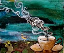 Cloudwalker, mixed media: acrylic collage, leaves, paper on wood panel, "18x18" $250